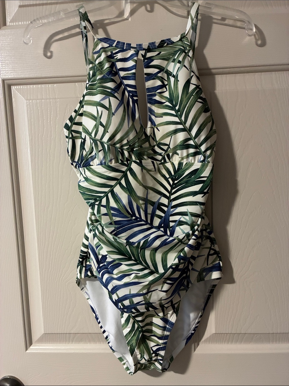 Ellen Tracy Palm-Print High-Neck One-Piece Swimsuit in Green & Blue
